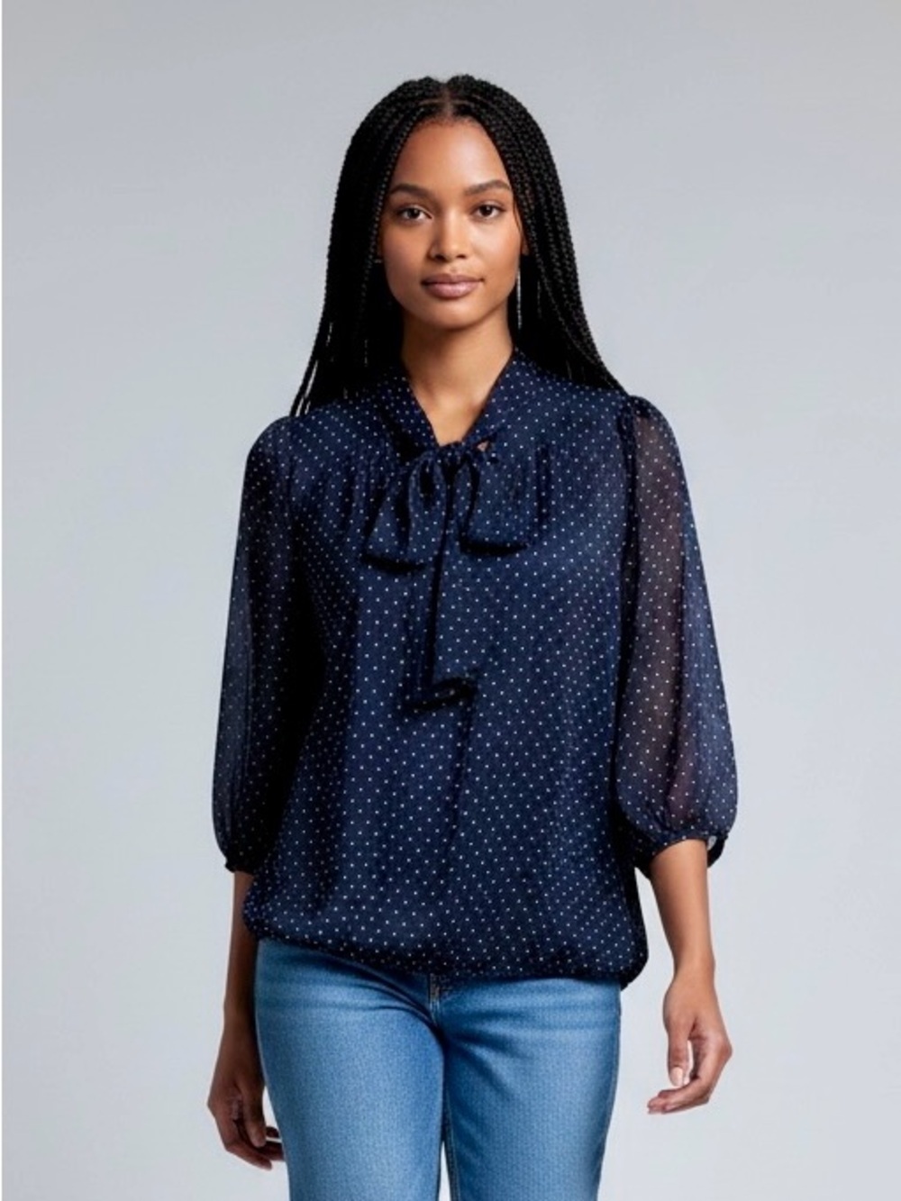 Sara Michelle Petite Small Navy Polka Dot Tie Neck Blouse EUC